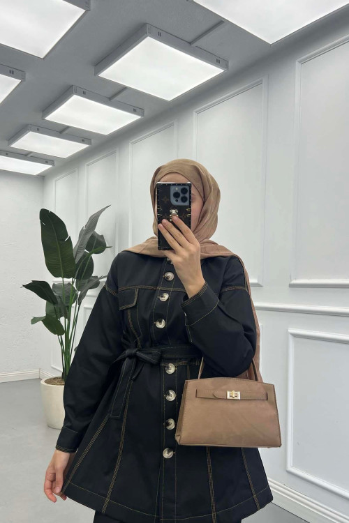 Sare Fashion Belted Denim Jacket Black Sare Fashion Belted Denim Jacket Black