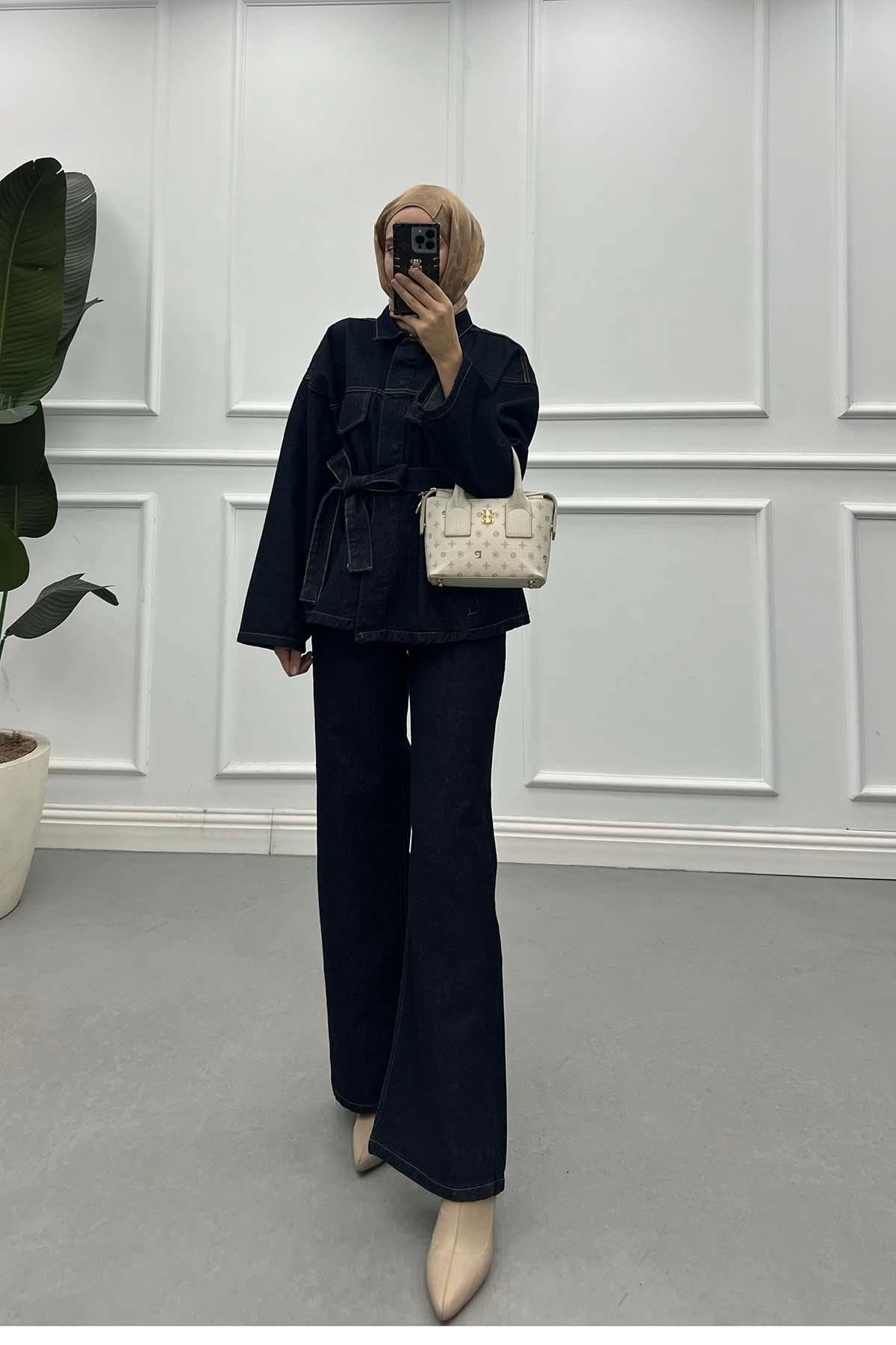 Sare Fashion Belted Denim Suit Navy Blue