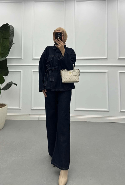 Sare Fashion Belted Denim Suit Navy Blue Sare Fashion Belted Denim Suit Navy Blue