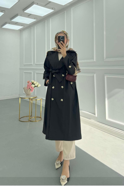 Sare Fashion Belted Shoulder Detailed Trench Coat Black