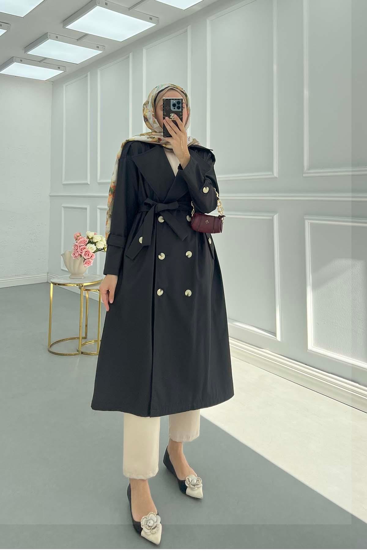 Sare Fashion Belted Shoulder Detailed Trench Coat Black