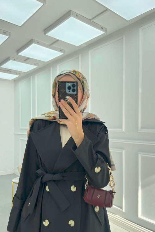 Sare Fashion Belted Shoulder Detailed Trench Coat Black