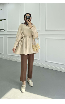 Sare Fashion Belted Tencel Shirt Beige