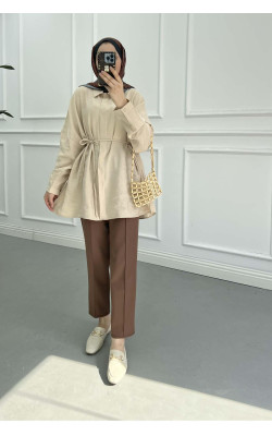 Sare Fashion Belted Tencel Shirt Beige