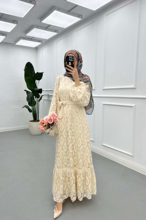 Sare Fashion Belted Tulle Dress Beige