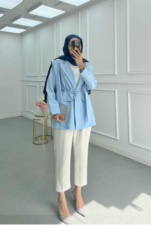 Sare Fashion Belted Viral Jacket Blue