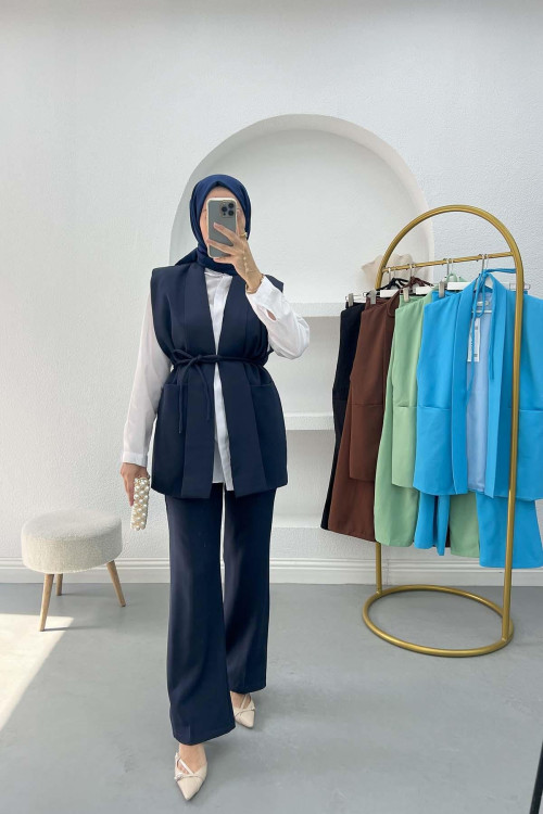 Belted Vest Set Navy Blue