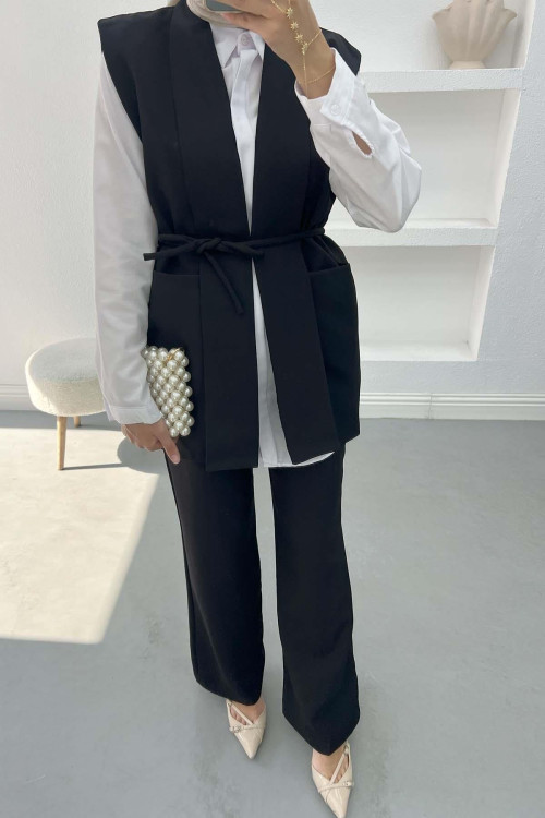 Belted Vest Set Black