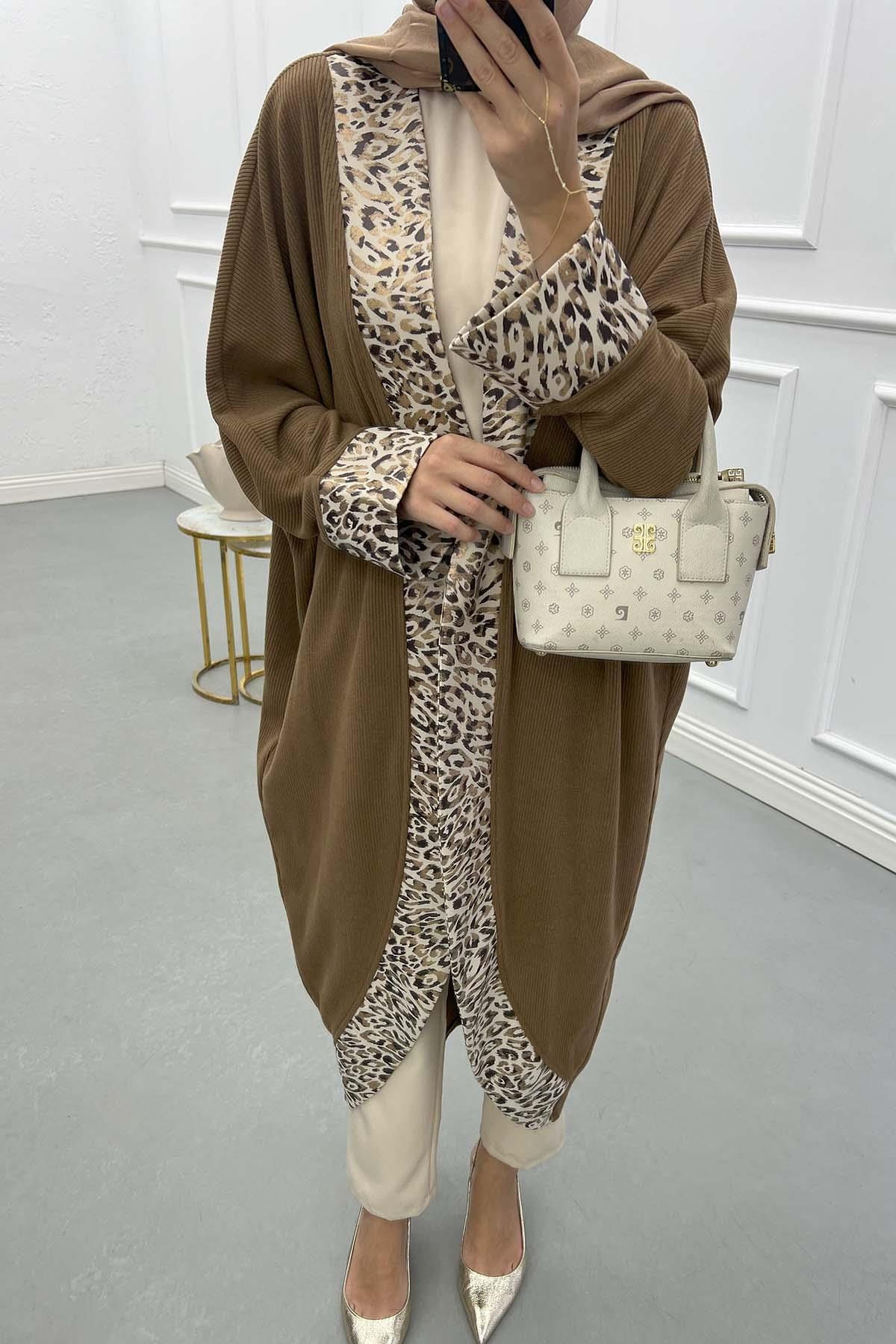 Sare Fashion Leopard Patterned Long Cardigan Mink Sare Fashion Leopard Patterned Long Cardigan Mink