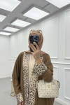 Sare Fashion Leopard Patterned Long Cardigan Mink
