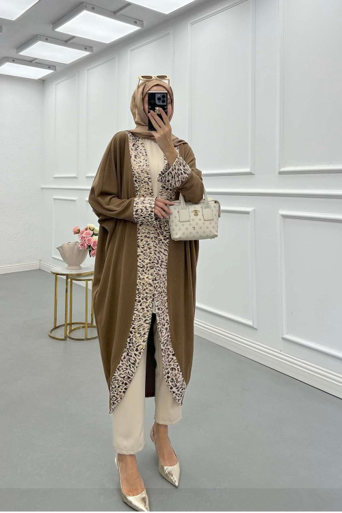 Sare Fashion Leopard Patterned Long Cardigan Mink