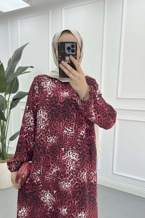 Sare Fashion Leopard Print Viscose Dress Burgundy
