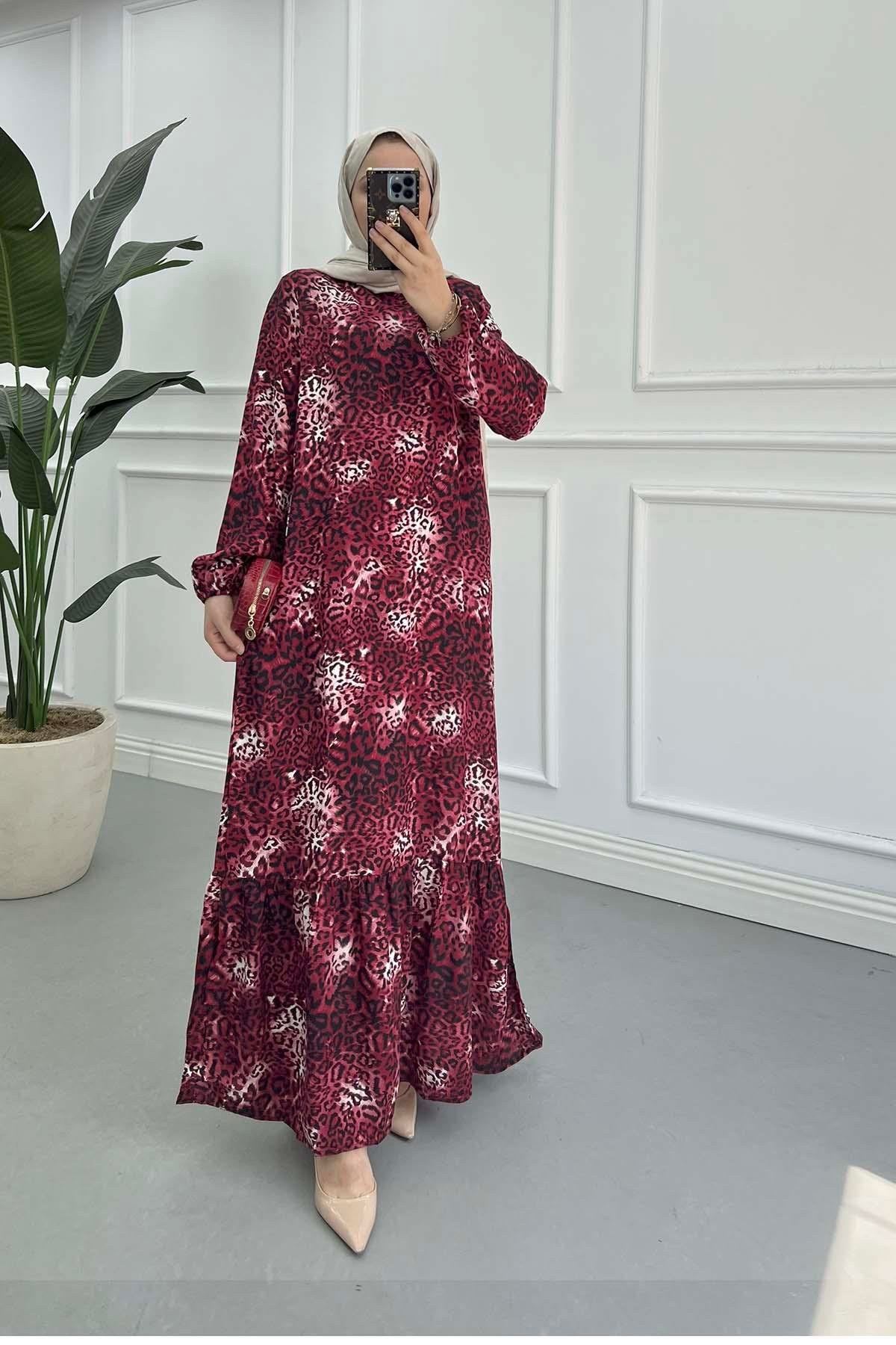 Sare Fashion Leopard Print Viscose Dress Burgundy