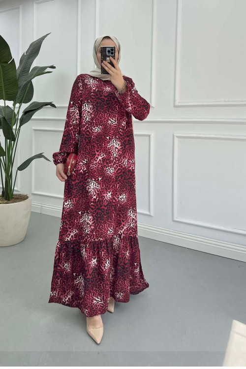 Sare Fashion Leopard Print Viscose Dress Burgundy