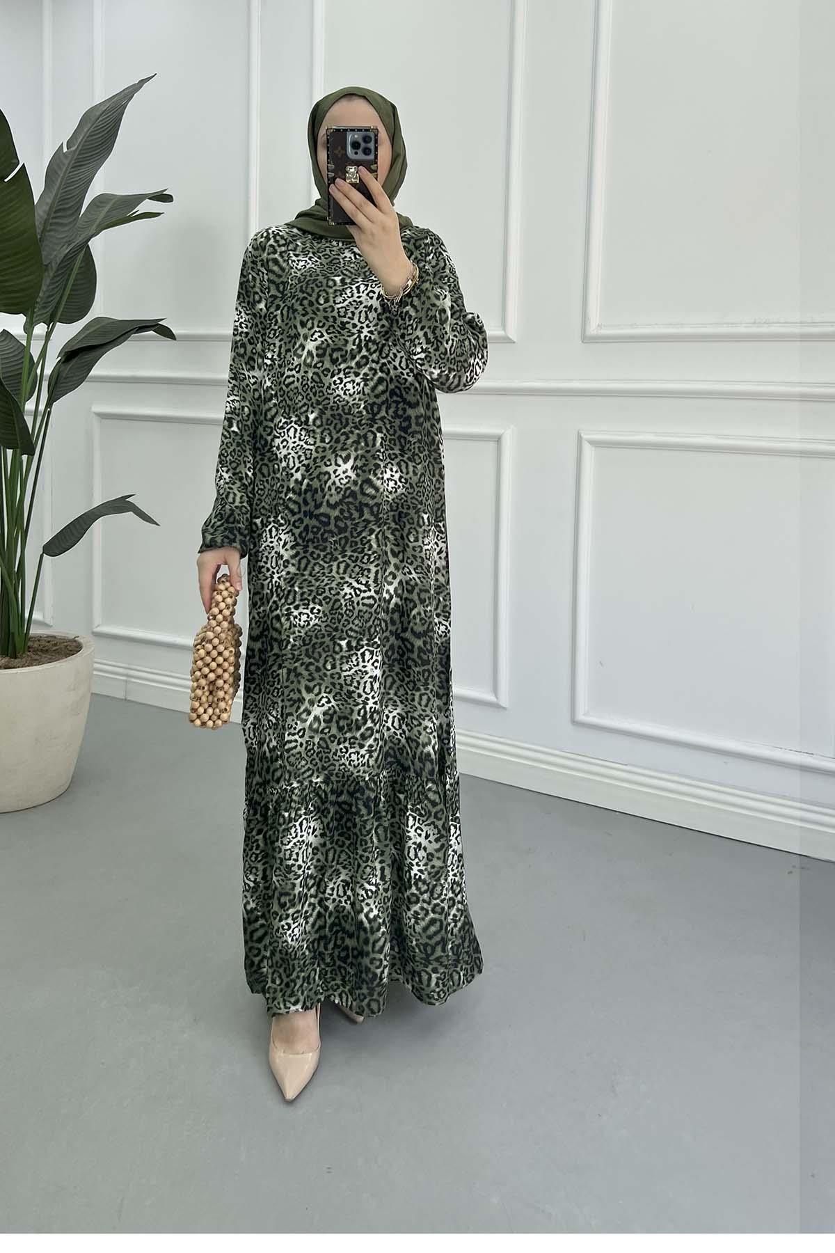 Sare Fashion Leopard Print Viscose Dress Green