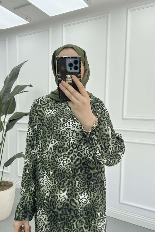 Sare Fashion Leopard Print Viscose Dress Green