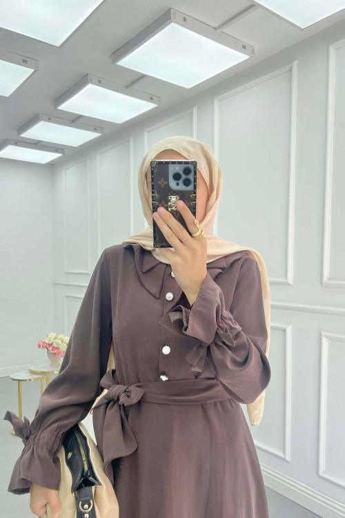 Sare Fashion Cuff Detailed Baby Collar Belted Dress Brown Sare Fashion Cuff Detailed Baby Collar Belted Dress Brown