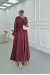 Sare Fashion Cuff Detailed Baby Collar Belted Dress Burgundy Sare Fashion Cuff Detailed Baby Collar Belted Dress Burgundy