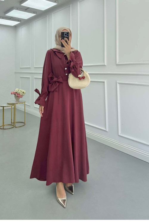 Sare Fashion Cuff Detailed Baby Collar Belted Dress Burgundy Sare Fashion Cuff Detailed Baby Collar Belted Dress Burgundy