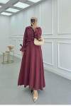 Sare Fashion Cuff Detailed Baby Collar Belted Dress Burgundy