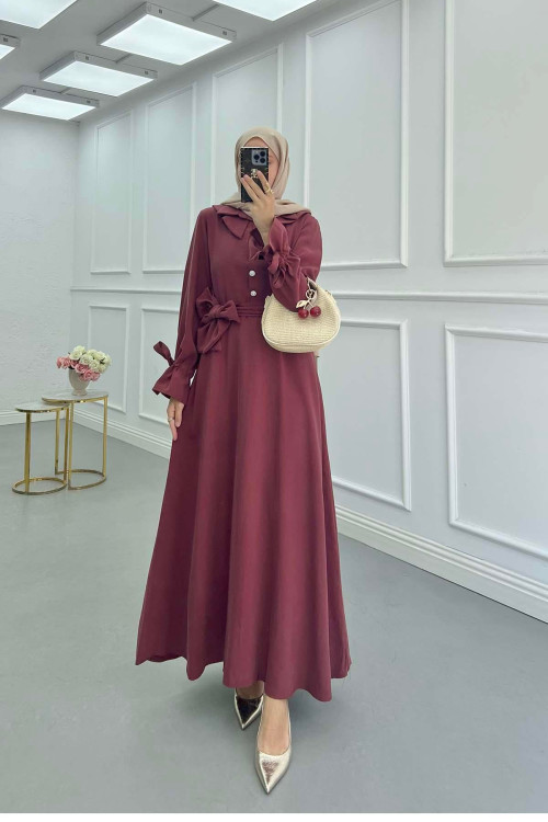 Sare Fashion Cuff Detailed Baby Collar Belted Dress Burgundy Sare Fashion Cuff Detailed Baby Collar Belted Dress Burgundy