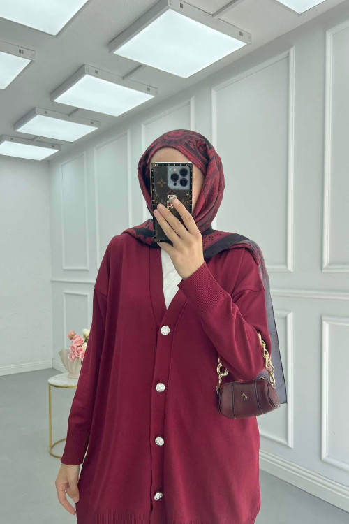 Sare Fashion Cardigan with Mercerized Button Detail, Burgundy Sare Fashion Cardigan with Mercerized Button Detail, Burgundy