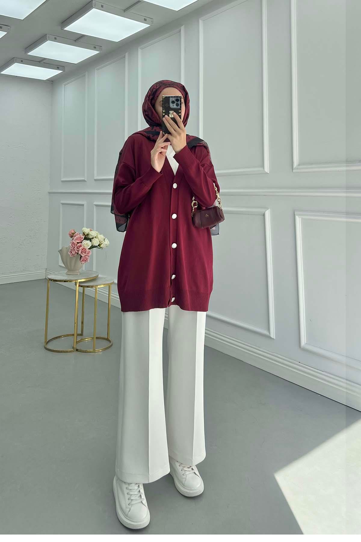 Sare Fashion Cardigan with Mercerized Button Detail, Burgundy