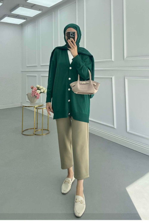 Sare Fashion Mercerized Button Detailed Cardigan Emerald Green Sare Fashion Mercerized Button Detailed Cardigan Emerald Green