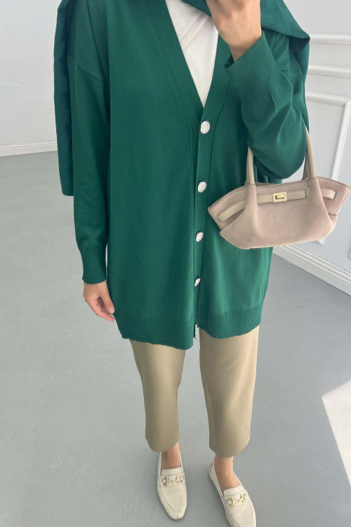 Sare Fashion Mercerized Button Detailed Cardigan Emerald Green Sare Fashion Mercerized Button Detailed Cardigan Emerald Green