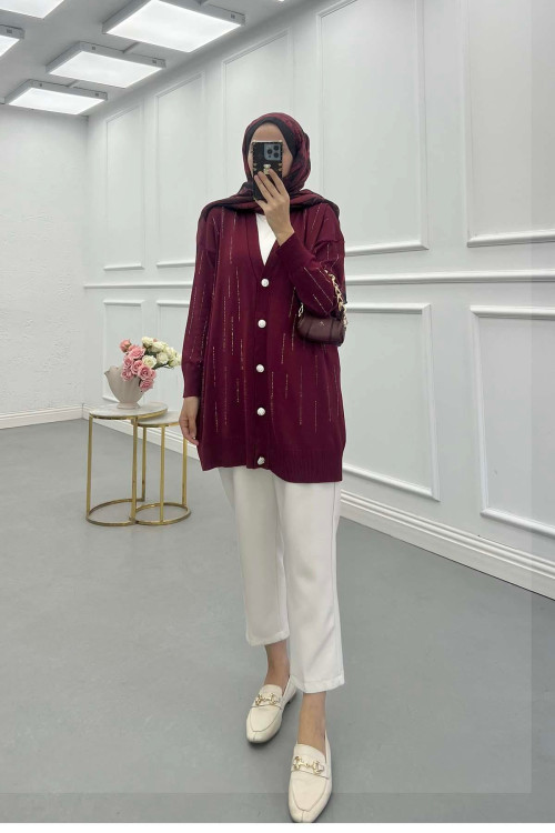 Sare Fashion Mercerized Stone Cardigan Burgundy Sare Fashion Mercerized Stone Cardigan Burgundy