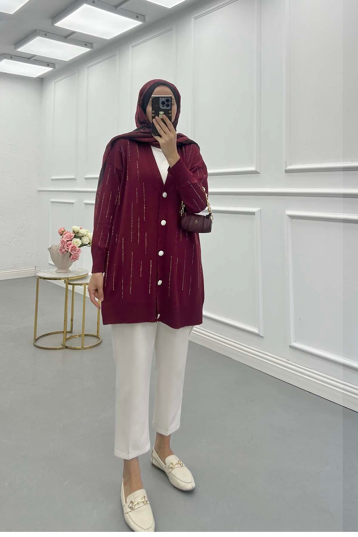 Sare Fashion Mercerized Stone Cardigan Burgundy Sare Fashion Mercerized Stone Cardigan Burgundy