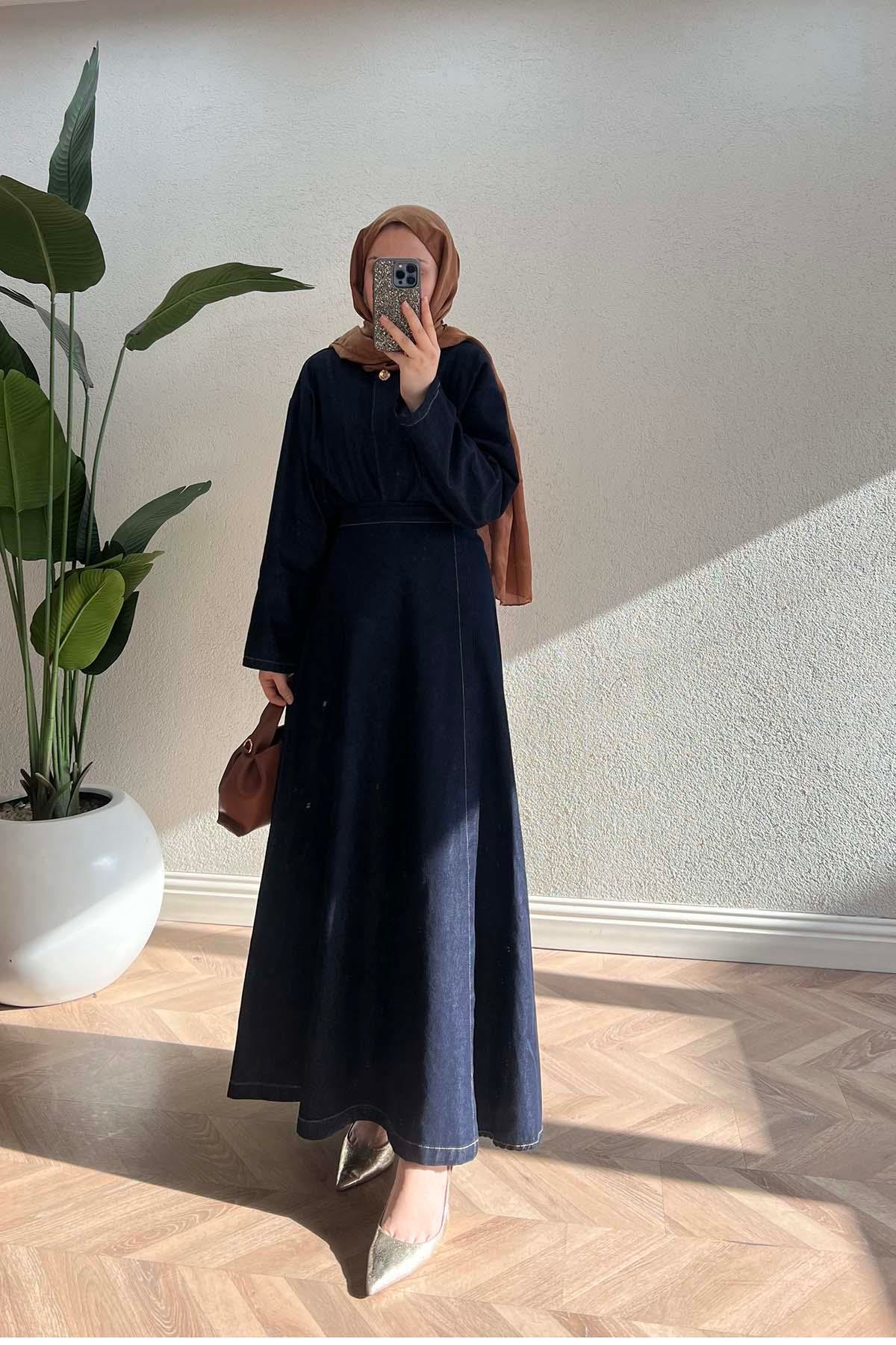 Sare Fashion Minimalist Denim Suit with Gold Buttons, Dark Blue