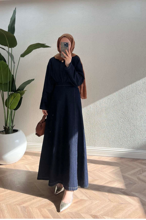 Sare Fashion Minimalist Denim Suit with Gold Buttons, Dark Blue