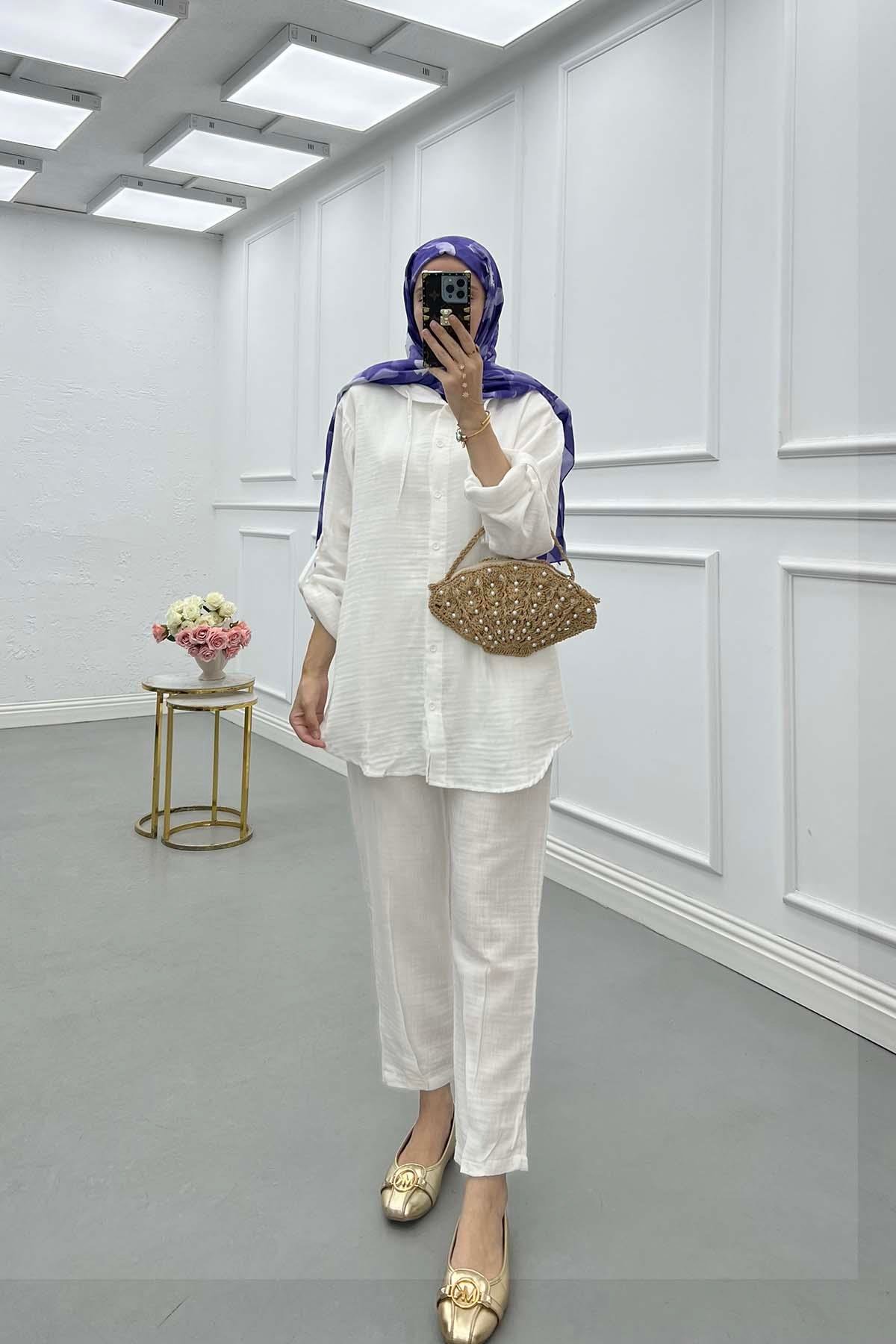 Sare Fashion Muslin Hooded Shirt Set Ecru