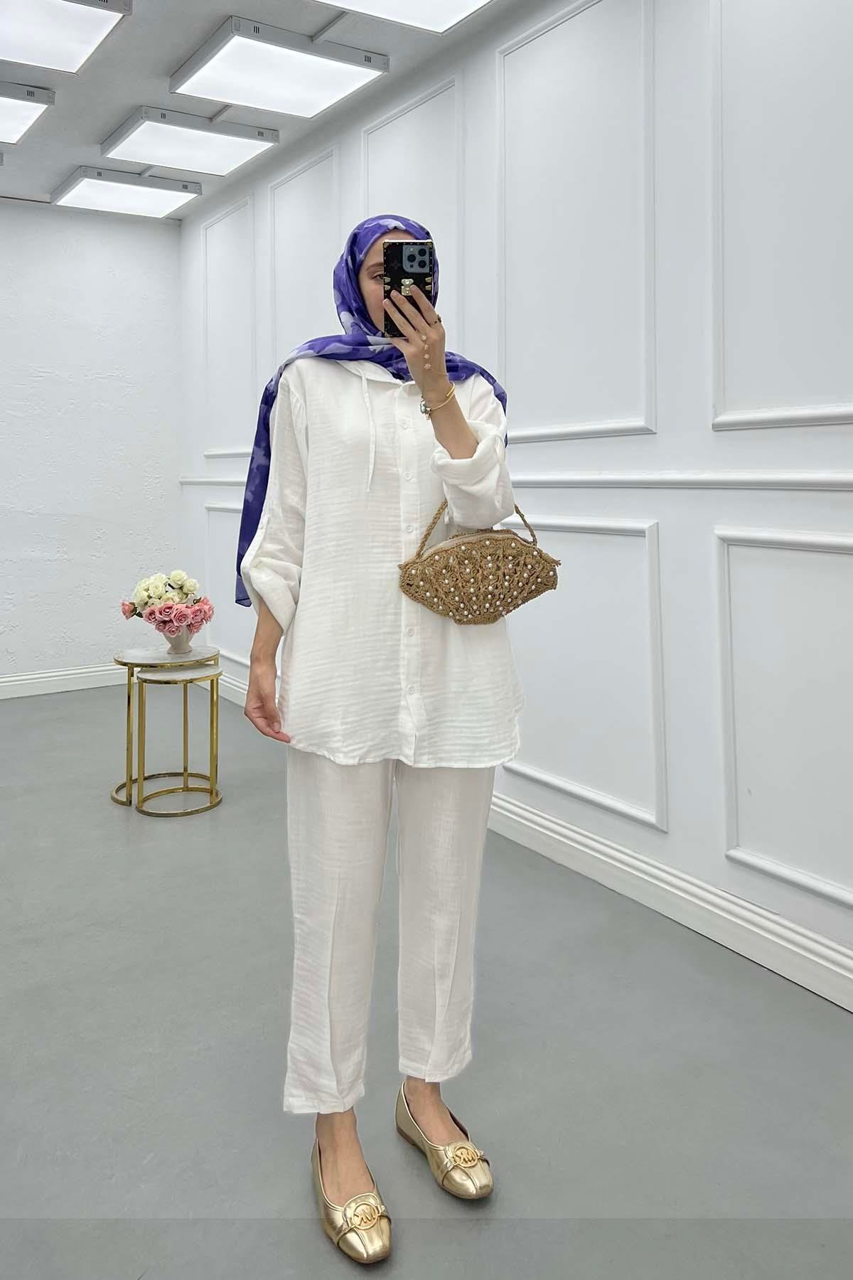 Sare Fashion Muslin Hooded Shirt Set Ecru