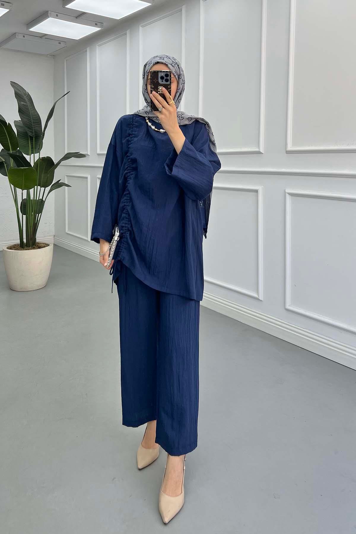 Sare Fashion Muslin Vintage Casual Suit Navy Blue