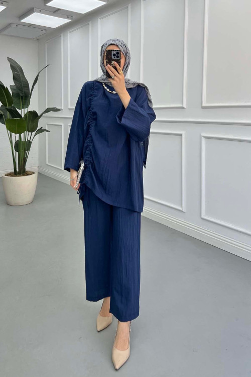 Sare Fashion Muslin Vintage Casual Suit Navy Blue