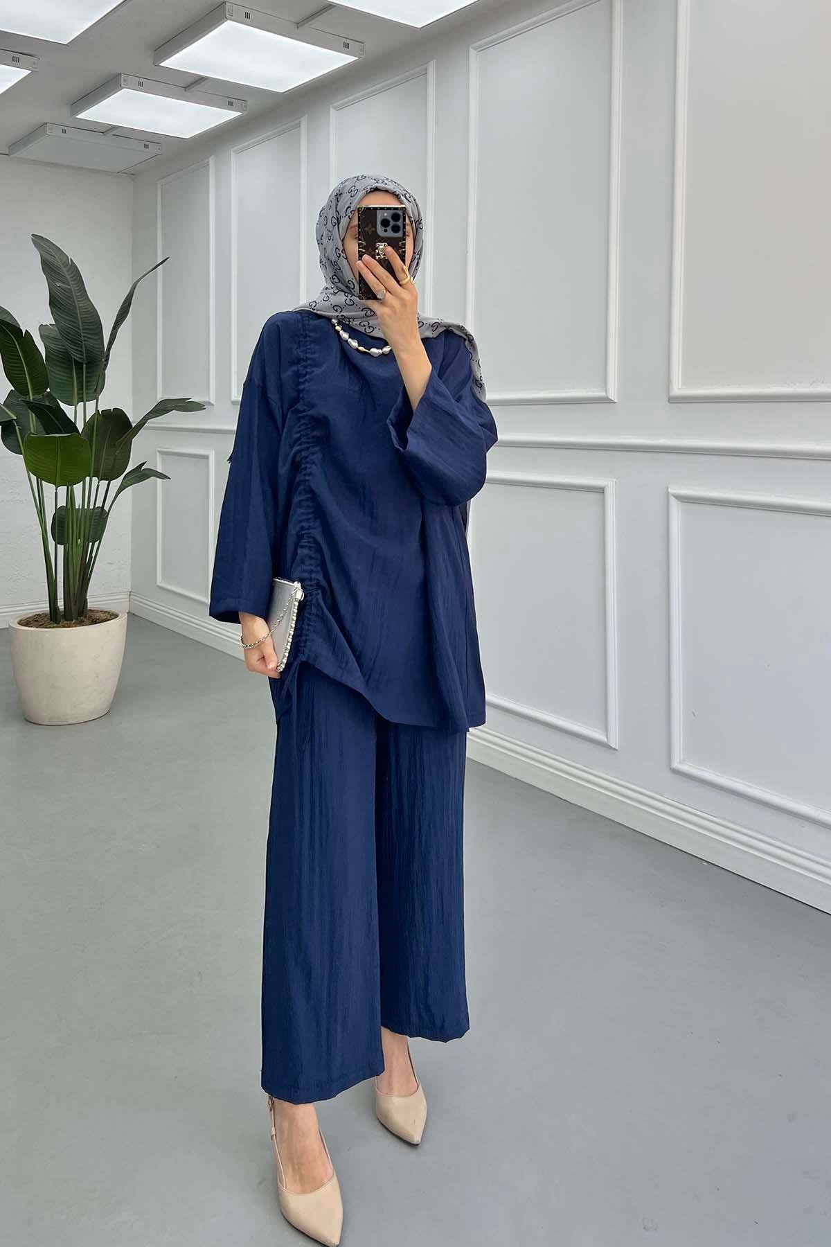 Sare Fashion Muslin Vintage Casual Suit Navy Blue