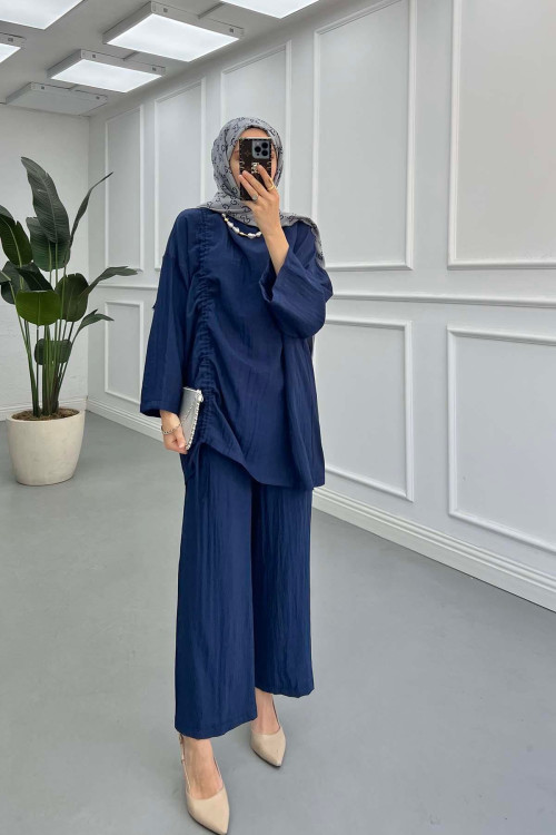Sare Fashion Muslin Vintage Casual Suit Navy Blue