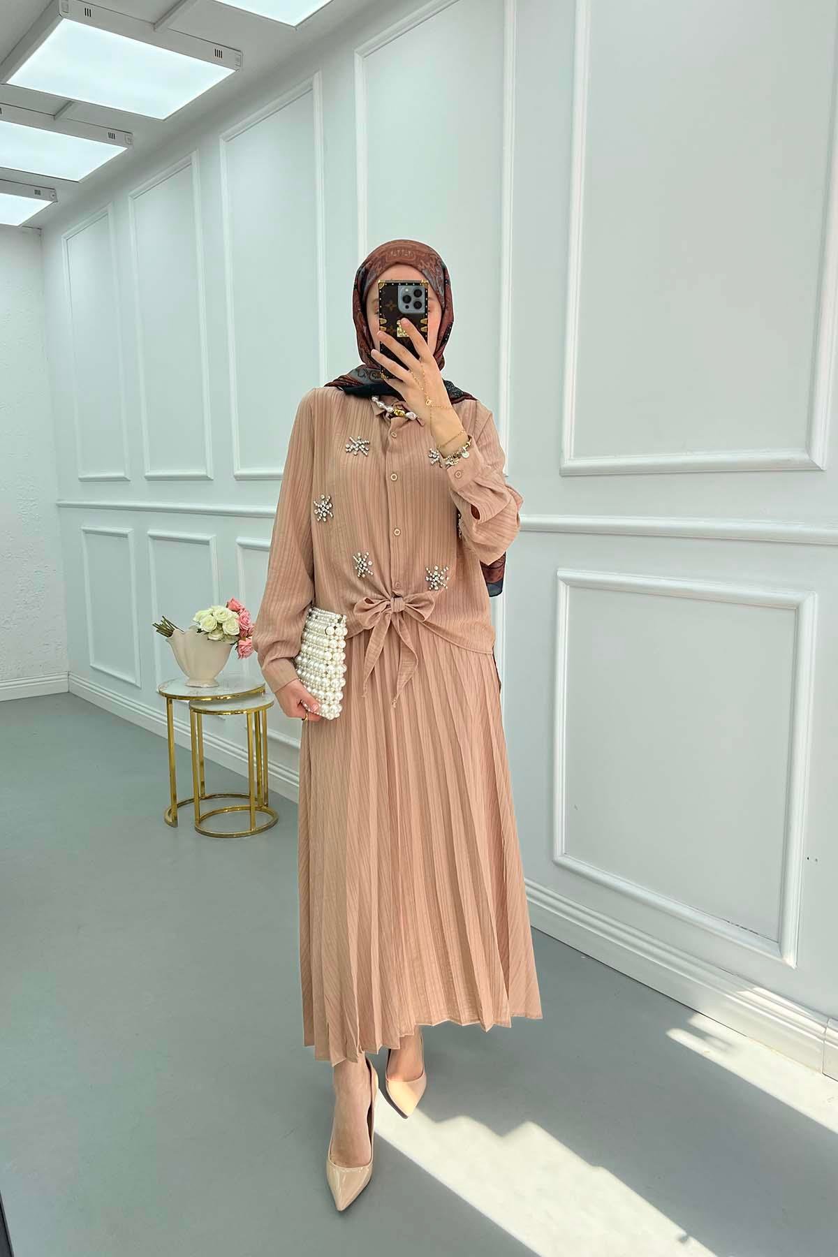 Sare Fashion Embroidered Detailed Tied Shirt Set Camel
