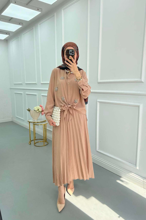 Sare Fashion Embroidered Detailed Tied Shirt Set Camel