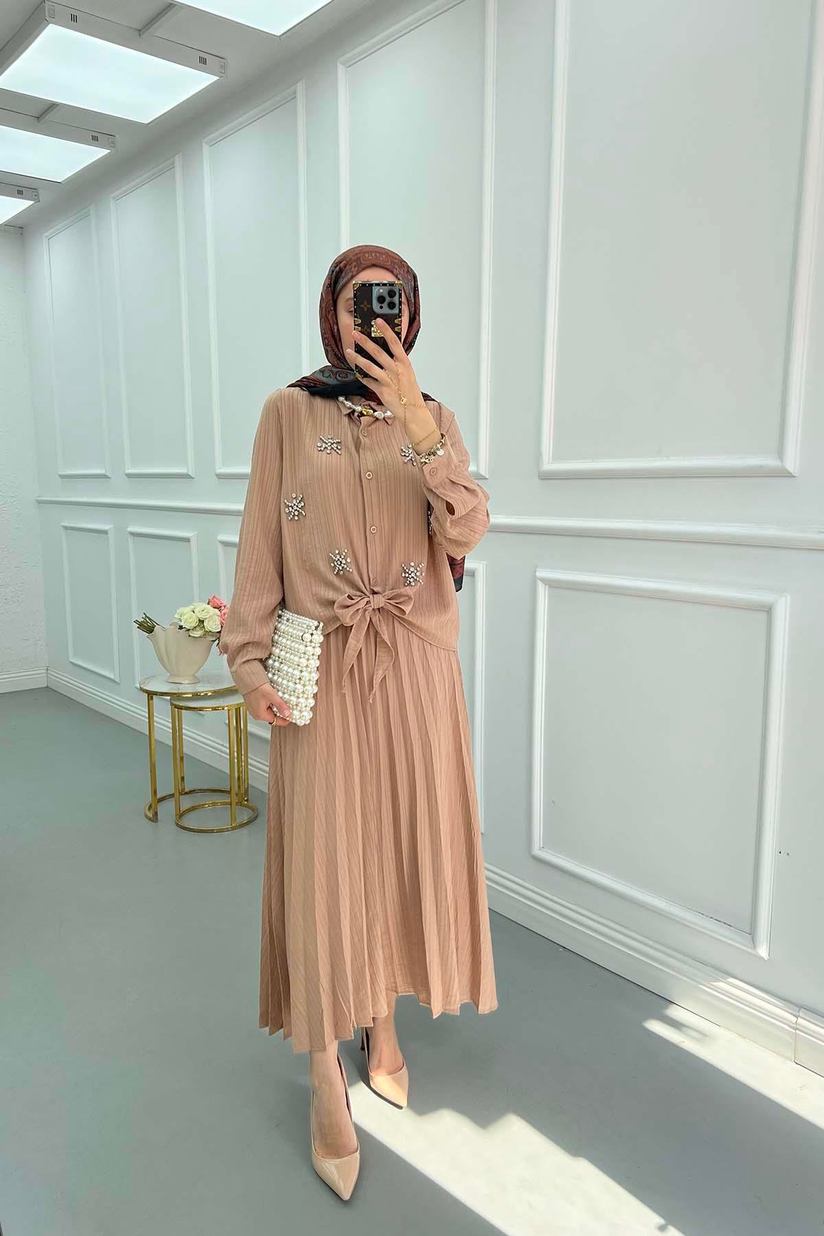 Sare Fashion Embroidered Detailed Tied Shirt Set Camel