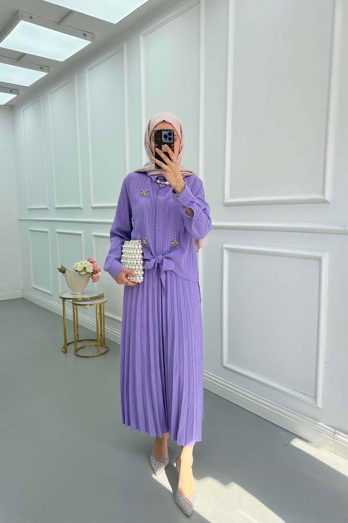 Sare Fashion Embroidered Detailed Tied Shirt Set Lilac