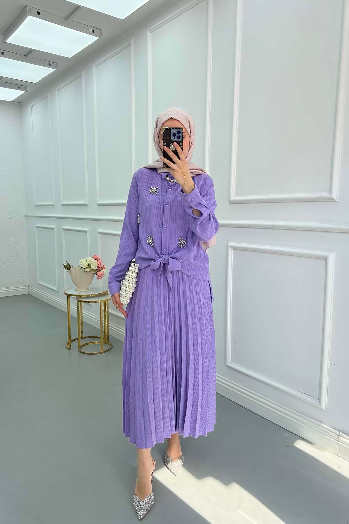 Sare Fashion Embroidered Detailed Tied Shirt Set Lilac