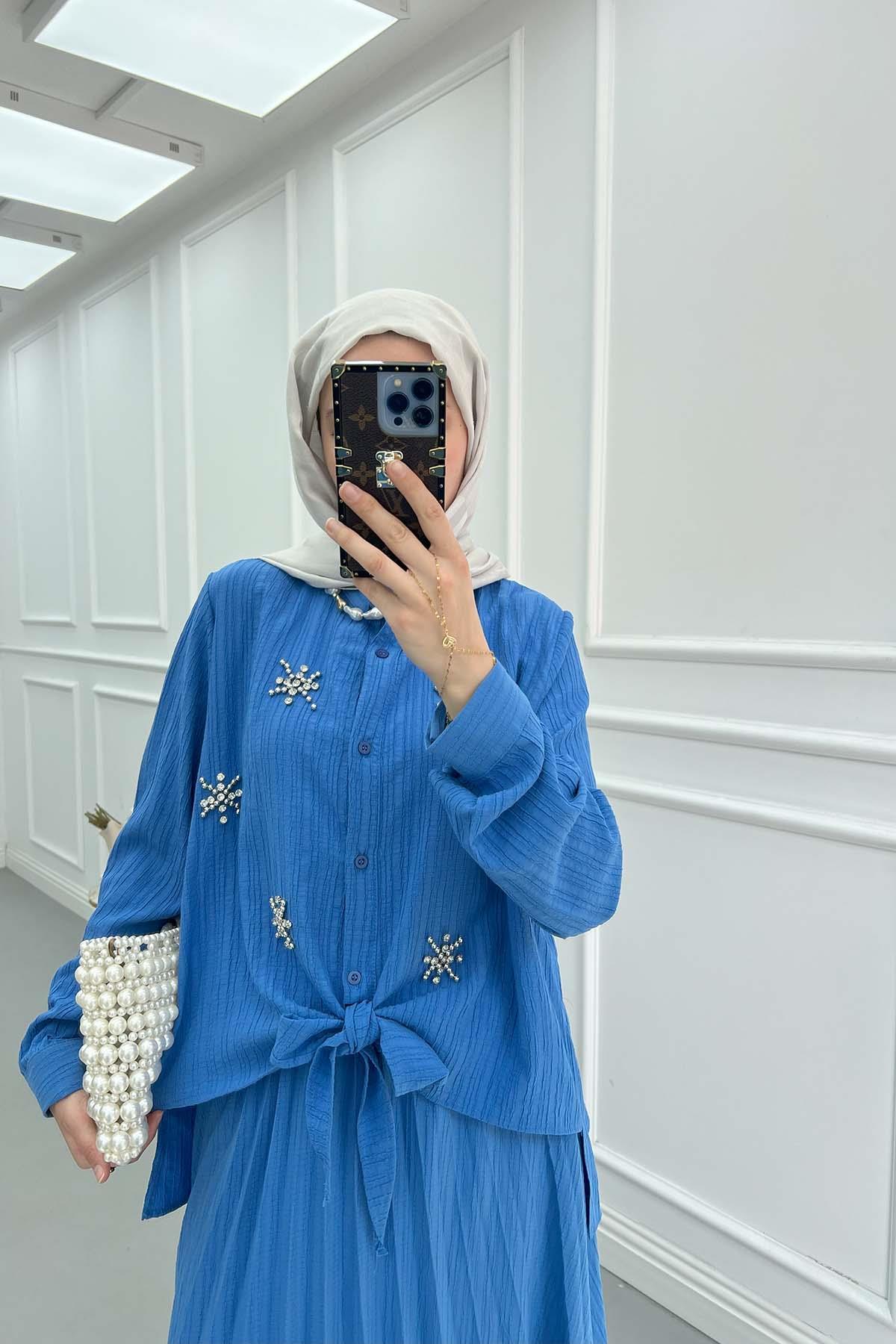 Sare Fashion Embroidered Detailed Tied Shirt Set Blue