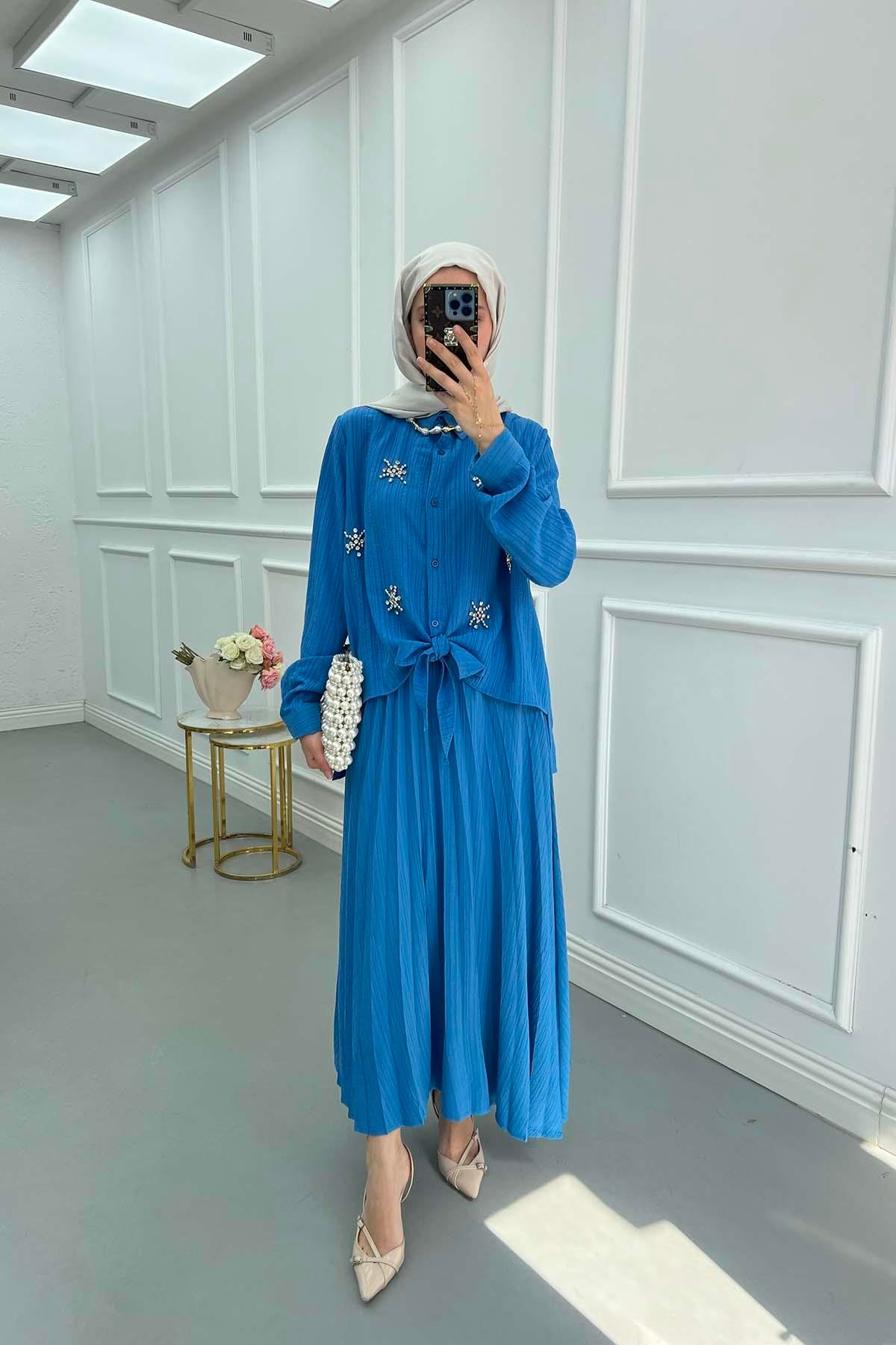 Sare Fashion Embroidered Detailed Tied Shirt Set Blue