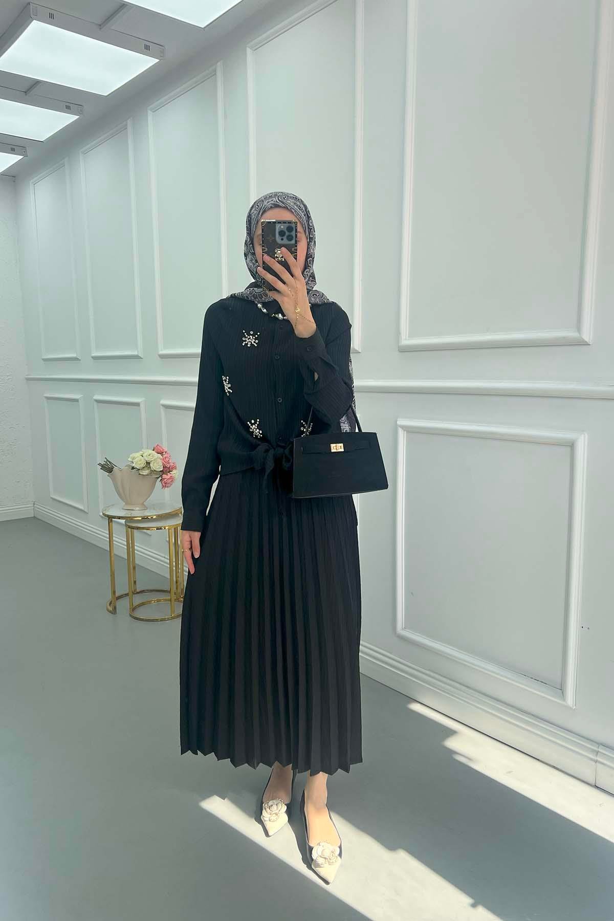 Sare Fashion Embroidered Detailed Tied Shirt Set Black