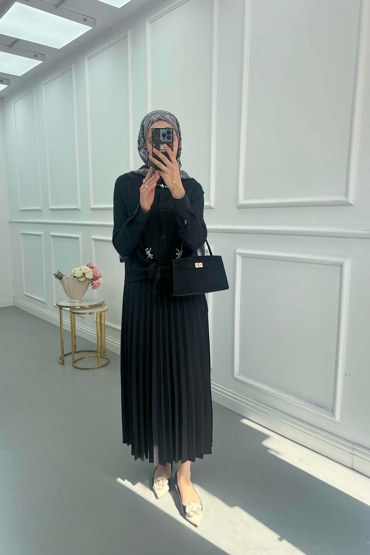 Sare Fashion Embroidered Detailed Tied Shirt Set Black