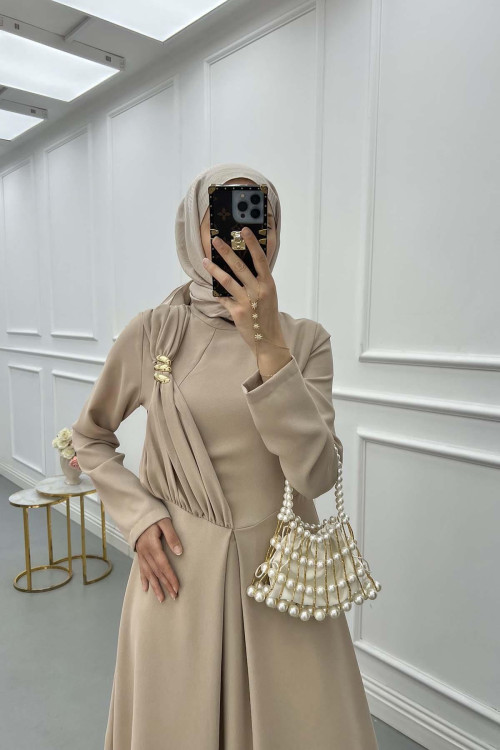 Sare Fashion Shoulder Detailed Lined Dress Beige