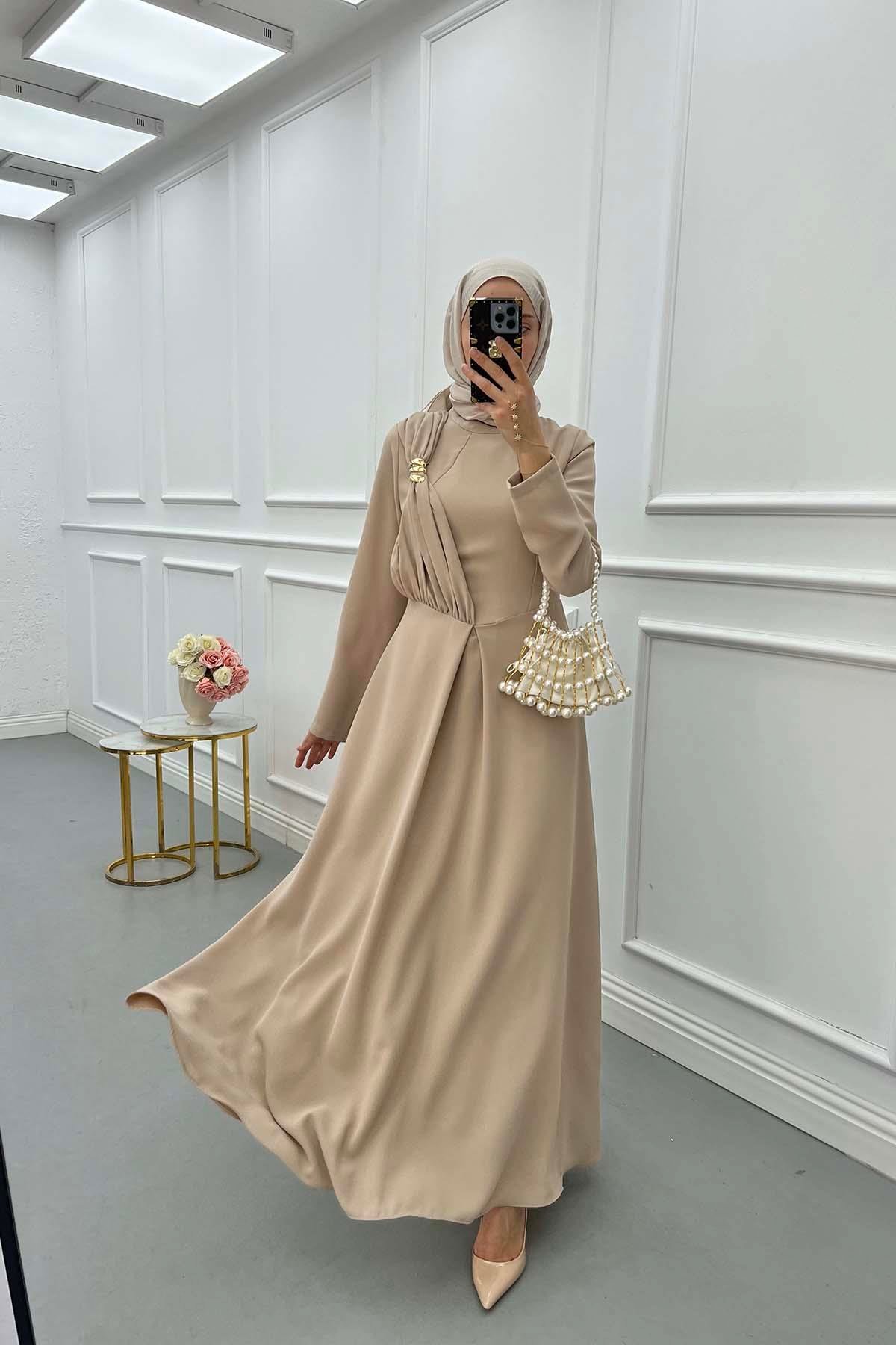Sare Fashion Shoulder Detailed Lined Dress Beige